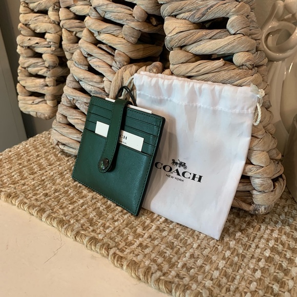 Coach Dark Green Leather Card Holder with Snap Strap - Picture 4 of 12